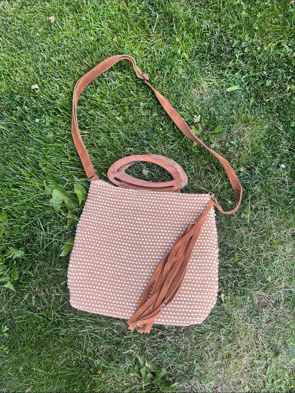 World Market Woven Tan Crossbody Shoulder Bag with Fringe